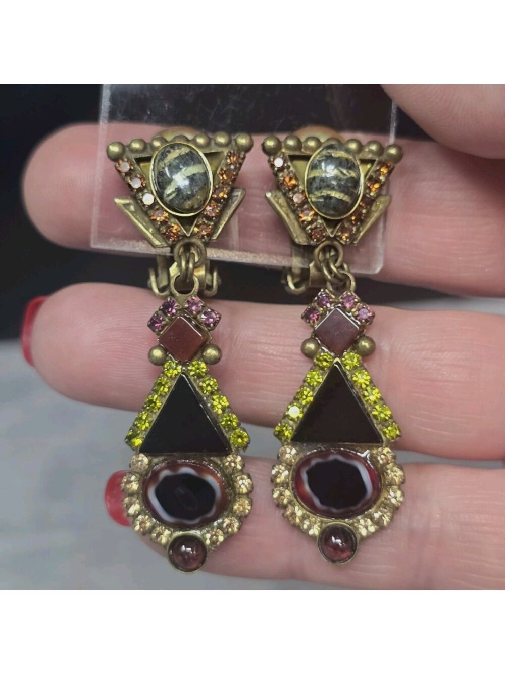 Sorrelli Signed Earrings Desert Jasper Onyx Amber And Glass Brass Clip Statement